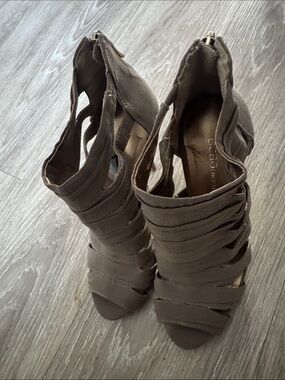 BCBGeneration Brown Multi-Strap Peep-Toe Heels